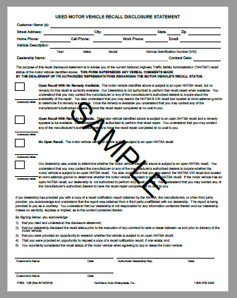 Used Motor Vehicle Recall Disclosure Statement